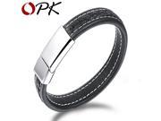 2015 Black Genuine Leather Bracelet Man Bangle Stainless Steel Fashion Men Jewelry Rock Chunky Leather Men s Bracelets PH955