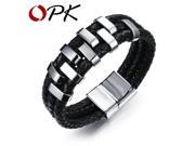 OPK Man s Three Layers Leather Bangles Punk Style 17mm Width with Stainless Steel Decoration Cool Men Jewelry Gift PH1018