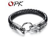 OPK Genuine Leather Knitted Man Bangles Rock Style Stainless Steel Dragon Head Personality Men Jewelry 20.5cm 18.5cm Long PH954