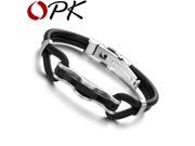 OPK Promotion 2015 HOT Sale Fashion jewelry Leather Rubber Rope Slippy Strip Grain Stainless Steel Bracelet Bangle 523