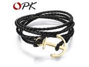OPK Multilayer Leather Man Charm Bracelets Rock Style Gold Plated Steel Anchor Design Bracelet Best Friend Gift PH981