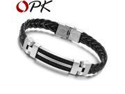 OPK Wholesale 2015 Fashion Jewelry Artificial PU Leather Men Bracelet Silver Rope Mashup Slippy Strip Stainless Steel Bangle 542
