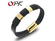 OPK Genuine Leather Man Bangles Classical Silver Gold Plated Stainless Steel Wrap Bracelets 13MM Width Cool Men Jewelry 939