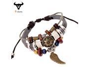 Punk Jewelry Wrap 100% Real Leather Copper Angel Wing pendant Wooden Beads Charm Bracelet Bangle Wristband Cuff for Women