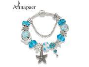 Annapaer Jewelry Lock Tortoise charm Bracelets Bangles Blue Glass DIY Beads Bracelets for Women Gift B15408