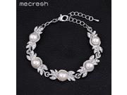 Mecresh Elegant Leaf Simulated Pearl Bracelets for Women Silver Color Crystal Wedding Jewelry Pulseras Mujer Femme MSL197