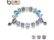 BAMOER Hot Sell European Style Silver Crystal Charm Bracelet for Women With Blue Murano Glass Beads Jewelry PA1394