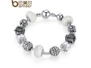 BAMOER Silver Charm Bracelet Bangle with Royal Crown Charm and Crystal Ball White Beads for Women Drop PA1456