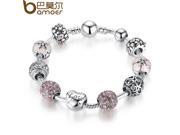 BAMOER Antique 925 Silver Charm Bracelet Bangle with Love and Flower Crystal Ball Women Wedding Valentine s Day Gift PA1455