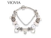 White Glass Charm Bracelets Bangles Silver Plated Heart Charm Beads Fit Pan Bracelets For Women Jewelry G B16098