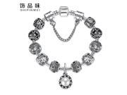 European Brand Simulated Pearl Crystal Bead Bracelet Antique 925 Silver Silver Charms Bracelet For Women Flower Jewelry