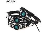 AOJUN Hot 12 Constellation Bracelet Men Snap Charm Bracelets Leather Bracelet Femme Metal Punk For Women Girl Jewelry 2XL19