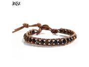 JINSE Leather Bracelet Men Women 1 Layer Natural Stone Bead Bracelets Bangles Leather Beaded WP Bracelet With RealLeather Cord