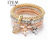 17KM Gold Color Crystal Skull Bracelet Bangle 3 Set Charm Luxury Love Anchors Heart Women Bracelet Gift