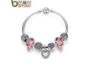 BAMOER Simple Friendship Bracelets Silver Plated Heart Pendant Bracelets with European Beads Girl Bracelet Jewelry PA3805