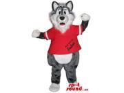 Grey Wolf Plush Canadian SpotSound Mascot Dressed In A Red Sports Shirt With Text