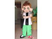 Human Boy Character Canadian SpotSound Mascot Dressed In Green Pants And A Device