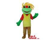 Fairy Tale Green Frog Plush Canadian SpotSound Mascot With A Yellow And Red T Shirt