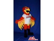 Red And Yellow Firebird Plush Canadian SpotSound Mascot Dressed In A Sports Team T Shirt