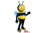 Cute Bee Plush Canadian SpotSound Mascot With Blue Wings And Eyes Dressed In Sports Shoes