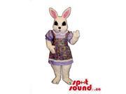 Customised White Rabbit Canadian SpotSound Mascot Dressed In A Flower Dress