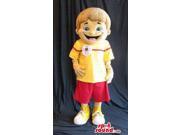 Boy Plush Canadian SpotSound Mascot Dressed In Red And Yellow Gear With A Logo
