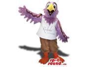 Purple Bird Plush Canadian SpotSound Mascot Dressed In A White T Shirt With Text