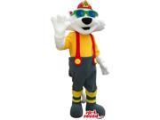 White Cat Canadian SpotSound Mascot Dressed In Fireman Clothes And Sunglasses