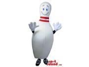 Peculiar White Bowling Pin Canadian SpotSound Mascot With Blue Eyes And Space For Logo