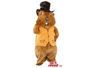 Brown Groundhog Animal Canadian SpotSound Mascot With Black Top Hat And Yellow Vest