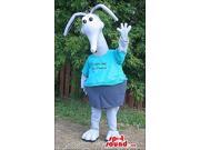 Blue Canadian SpotSound Mascot With Thin Long Ears Dressed In Blue Clothes With Text