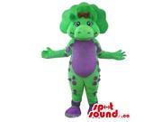 Cute Green Dinosaur Plush Canadian SpotSound Mascot With A Flashy Purple Belly