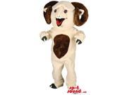 Beige Male Sheep Animal Canadian SpotSound Mascot With Curled Brown Horns