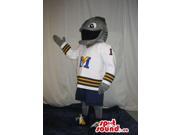 Grey Fish Canadian SpotSound Mascot Dressed In Rugby Player Gear With Team Logo