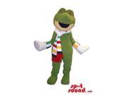 Green Frog Animal Canadian SpotSound Mascot Dressed In A Striped Scarf And Shoes