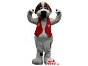 White Dog Canadian SpotSound Mascot With Brown Spots Dressed In A Red Vest