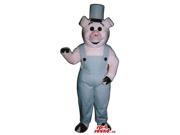 Customised Pig Plush Canadian SpotSound Mascot Dressed In Grey Overalls And A Hat