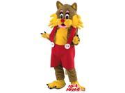 Brown And Yellow Cat Animal Canadian SpotSound Mascot With Red Pants And Suspenders