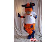 Orange And Blue Cow Plush Canadian SpotSound Mascot Dressed In A T Shirt With Logo