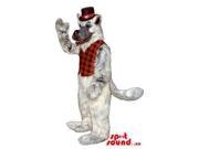 Light Grey Wolf Plush Animal Canadian SpotSound Mascot Dressed In A Red Vest And Top Hat