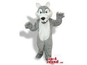 Grey Wolf Plush Canadian SpotSound Mascot With A White Belly And Sharp Teeth