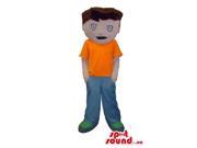 Boy Canadian SpotSound Mascot With Brown Hair Dressed In An Orange T Shirt And Pants