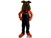 Dark Brown Bulldog Canadian SpotSound Mascot Dressed In Overalls With Text