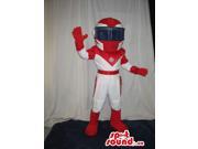 Cool White And Red Space Warrior Canadian SpotSound Mascot With A Helmet And Logo