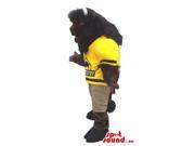 Dark Brown Bison Plush Canadian SpotSound Mascot Dressed In Football Sports Gear