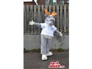 Grey Deer Cartoon Character Plush Canadian SpotSound Mascot With A T Shirt And Logo