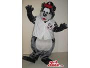 Grey Bear Plush Canadian SpotSound Mascot Dressed In Baseball Clothes With A Log