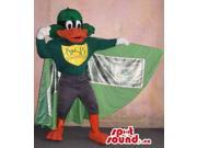 Duck Plush Canadian SpotSound Mascot With A Logo Dressed In A Cape With A Dollar Bill