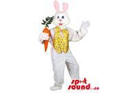 White Rabbit Plush Canadian SpotSound Mascot In A Yellow Vest With A Large Carrot
