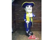 Human Canadian SpotSound Mascot Dressed In Blue And Yellow Soldier Character Gear